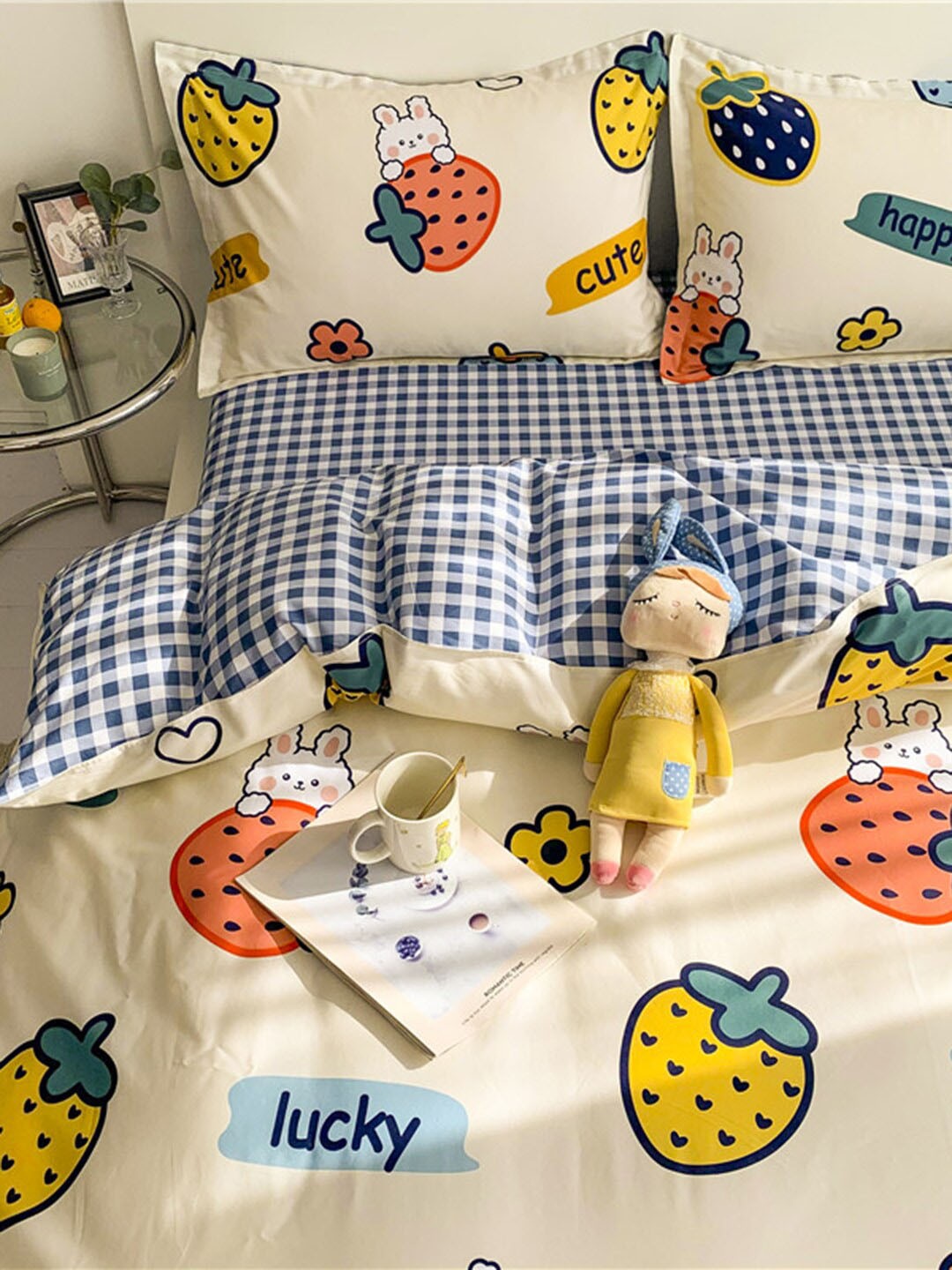 

JC HOME Kids Beige & Blue Printed Pure cotton Bedding set