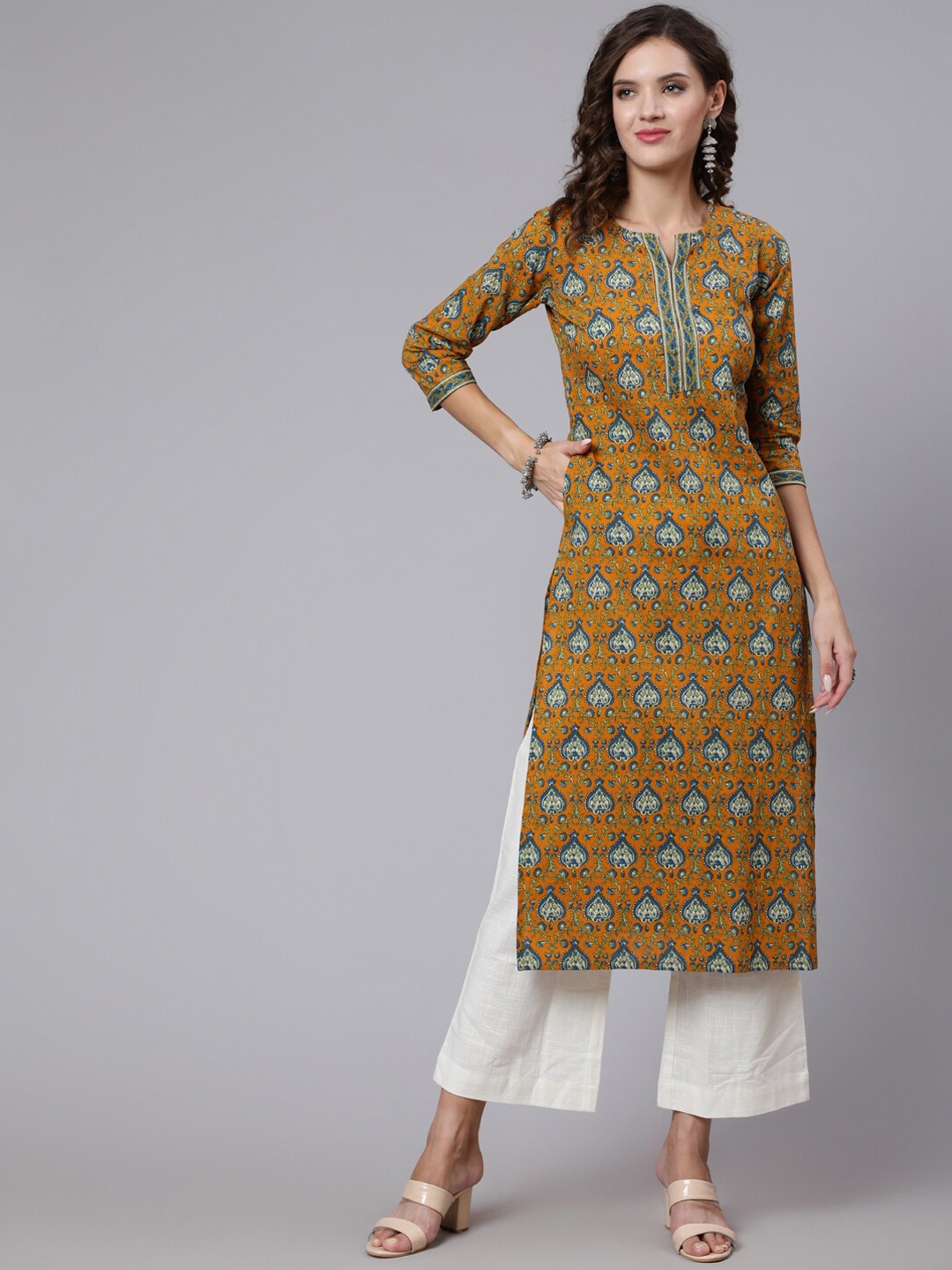 

Nayo Women Yellow Ethnic Motifs Printed Cotton Kurta