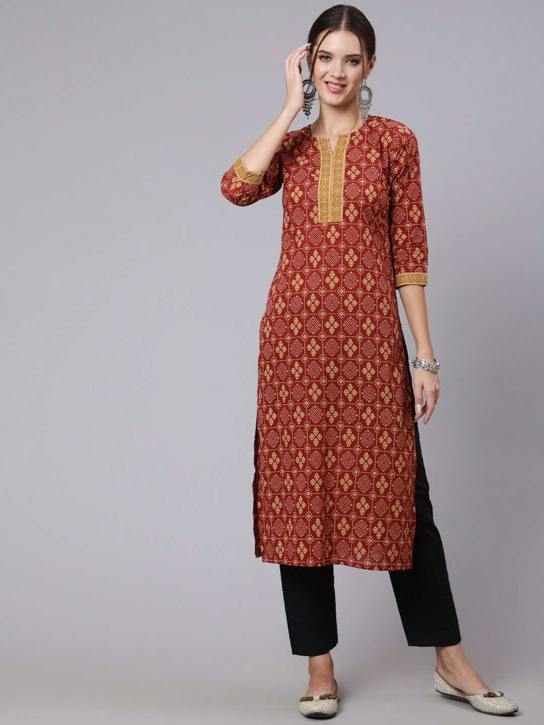 

Nayo Women Maroon And Beige Ethnic Motifs Printed Cotton Kurta