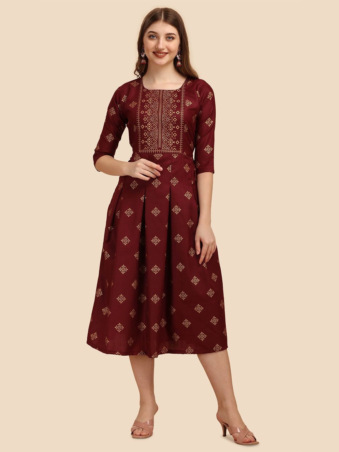 

Paralians Maroon & Gold-Toned Ethnic Motifs Cotton Midi Dress