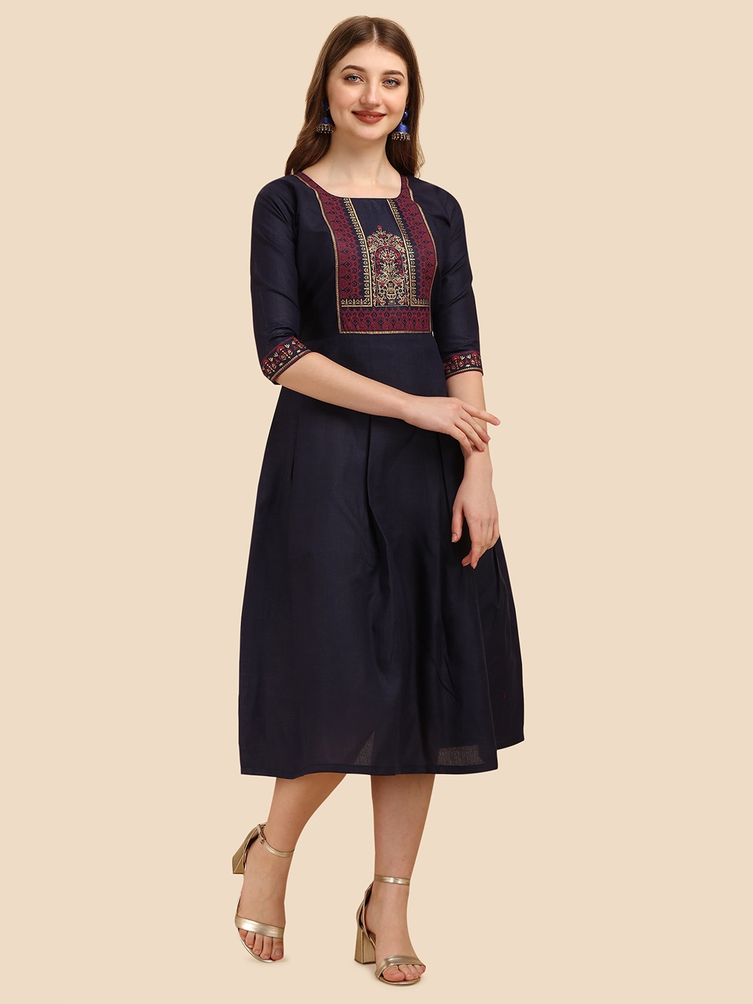 

Paralians Blue Ethnic Motifs A-Line Cotton Dress