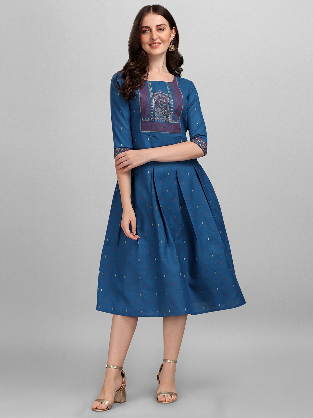 

Paralians Turquoise Blue Ethnic Motifs Ethnic Cotton Empire Midi Dress