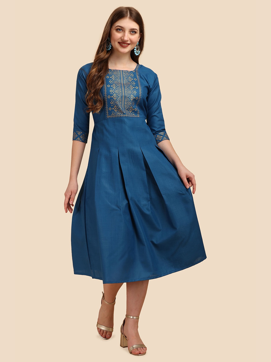

Paralians Turquoise Blue Ethnic Printed Cotton Empire Midi Dress
