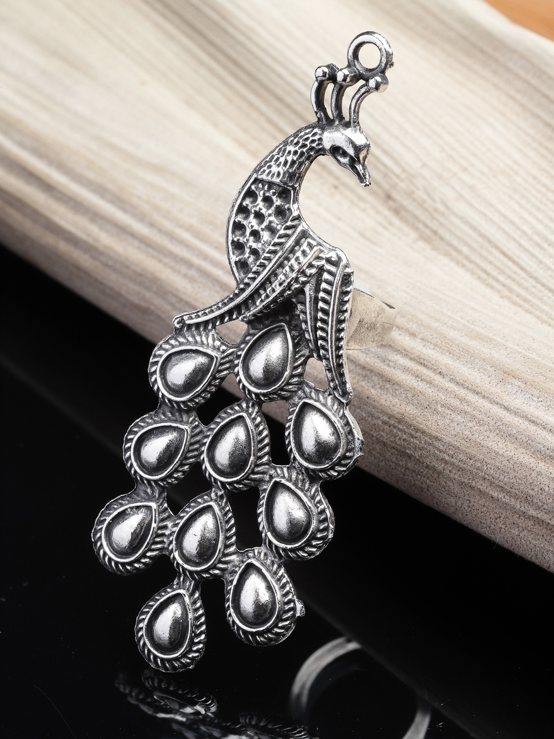 

PANASH Silver-Toned Oxidised Peacock Shaped Adjustable Finger Ring