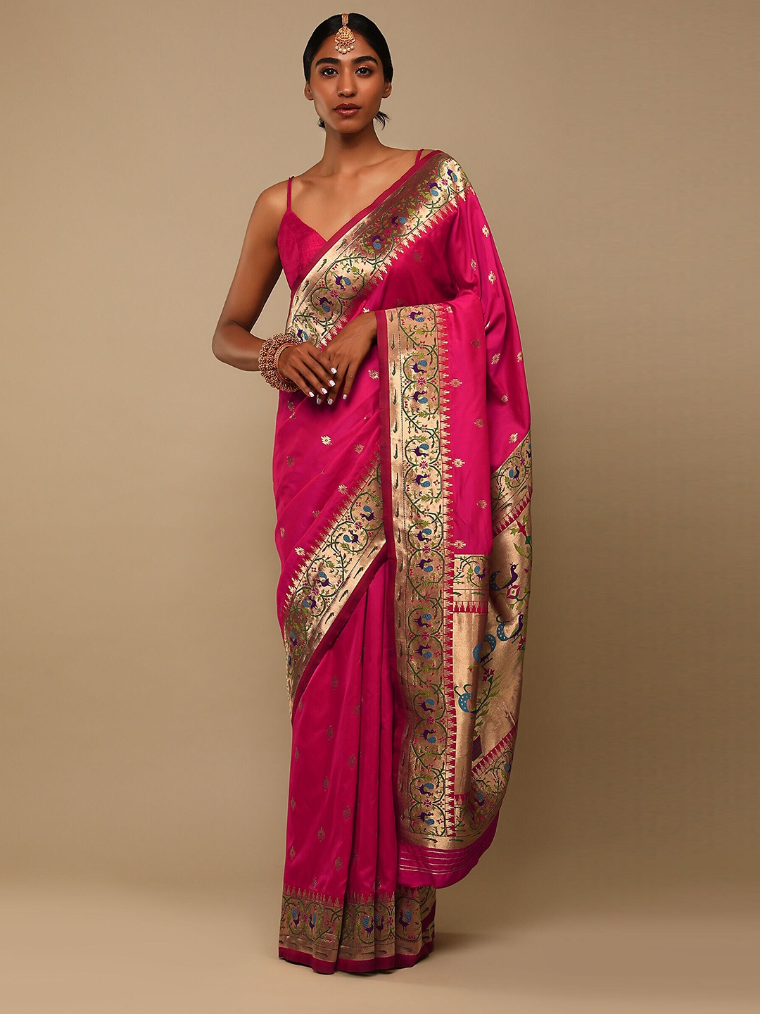 

Mitera Pink & Gold-Toned Ethnic Motifs Zari Art Silk Banarasi Saree