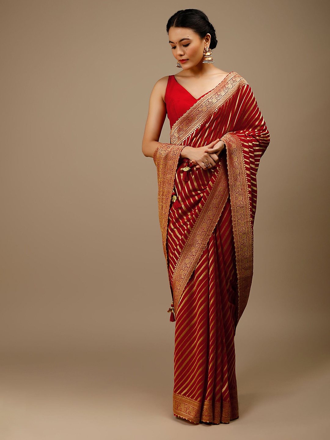 

Mitera Red & Gold-Toned Striped Zari Art Silk Banarasi Saree