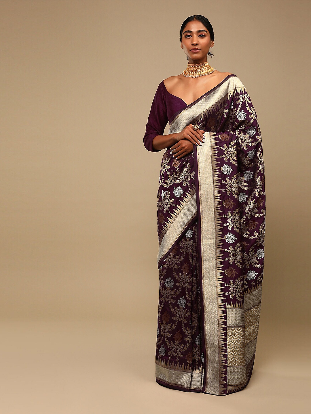 

Mitera Purple & Gold-Toned Floral Zari Art Silk Banarasi Saree