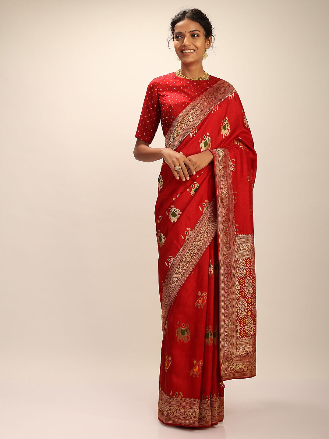 

Mitera Red Ethnic Motifs Zari Art Silk Banarasi Saree