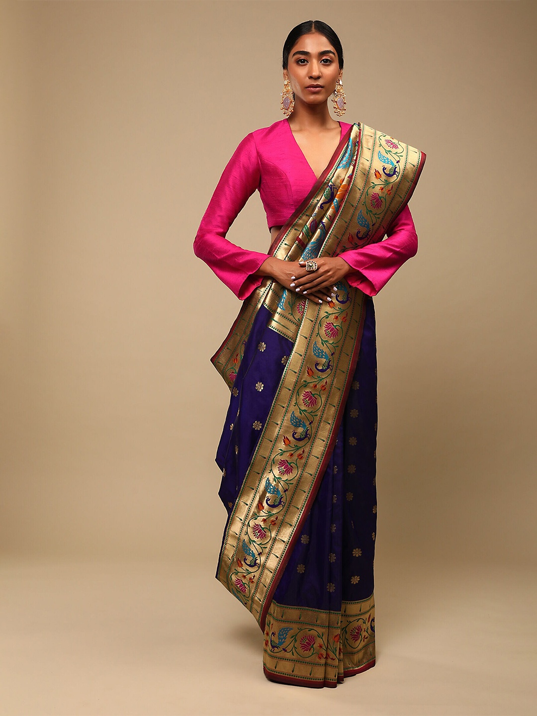 

Mitera Navy Blue & Pink Woven Design Zari Art Silk Banarasi Saree
