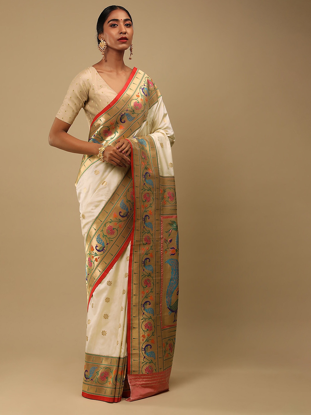 

Mitera Off White & Red Woven Design Zari Art Silk Banarasi Saree