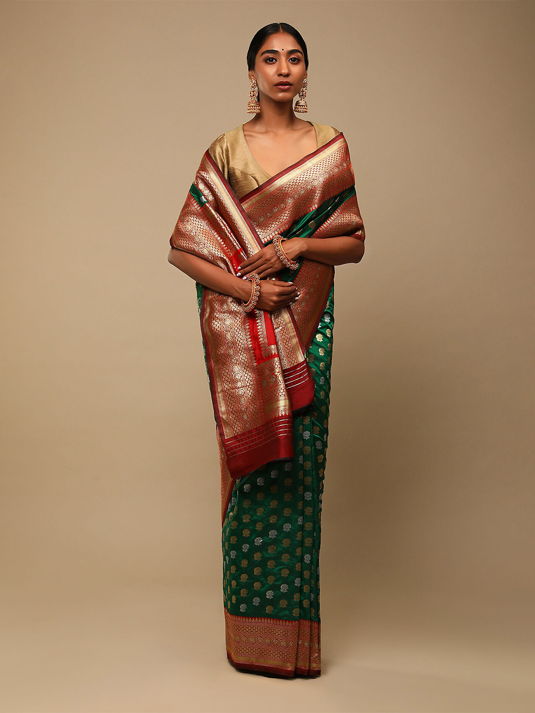 

Mitera Green & Red Woven Design Zari Art Silk Banarasi Saree