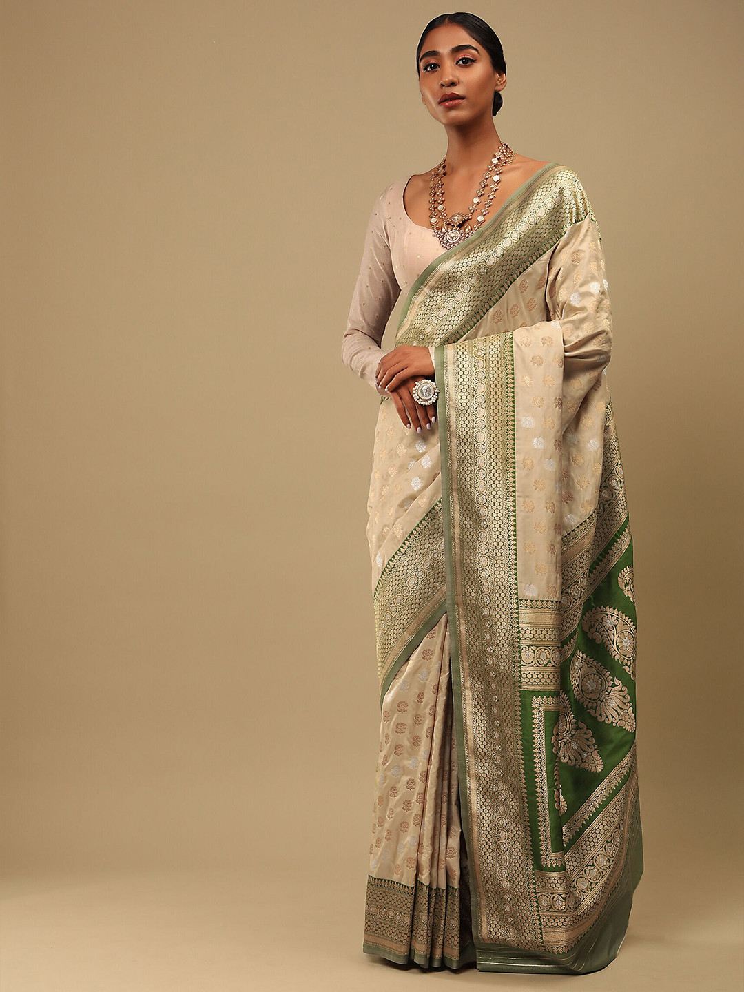 

Mitera Beige & Gold-Toned Woven Design Zari Art Silk Banarasi Saree