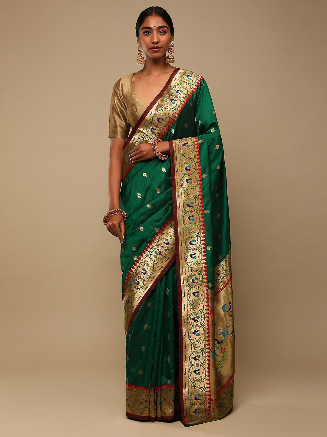 

Mitera Green & Gold-Toned Woven Design Zari Art Silk Banarasi Saree