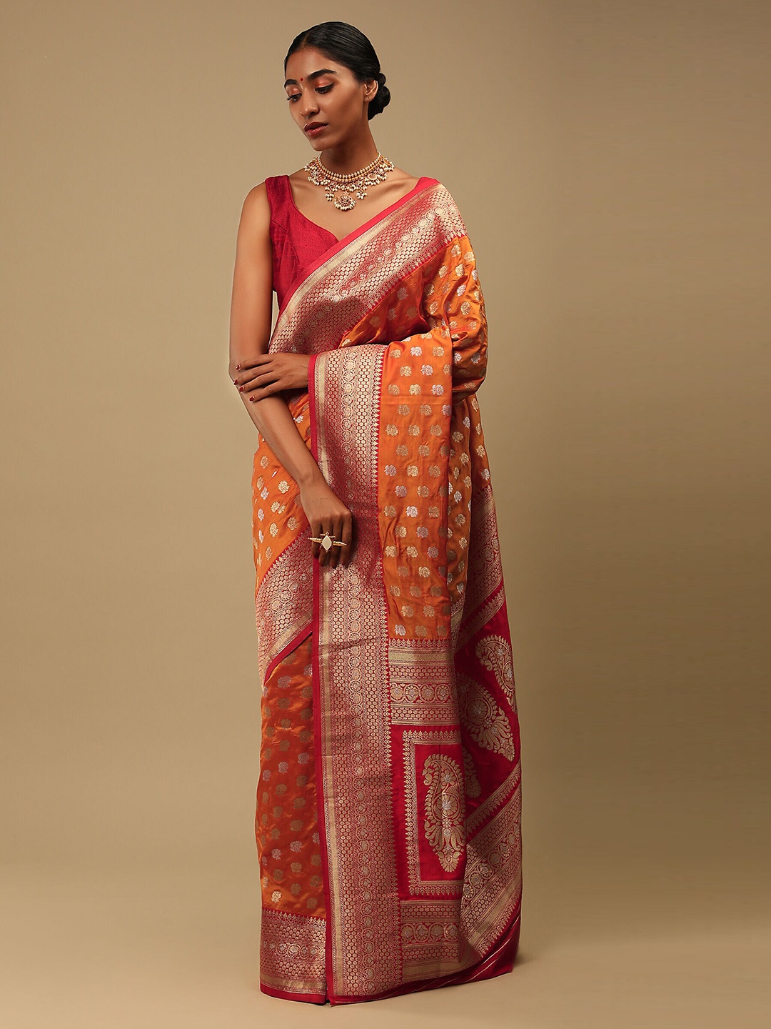 

Mitera Orange & Gold-Toned Woven Design Zari Art Silk Banarasi Saree