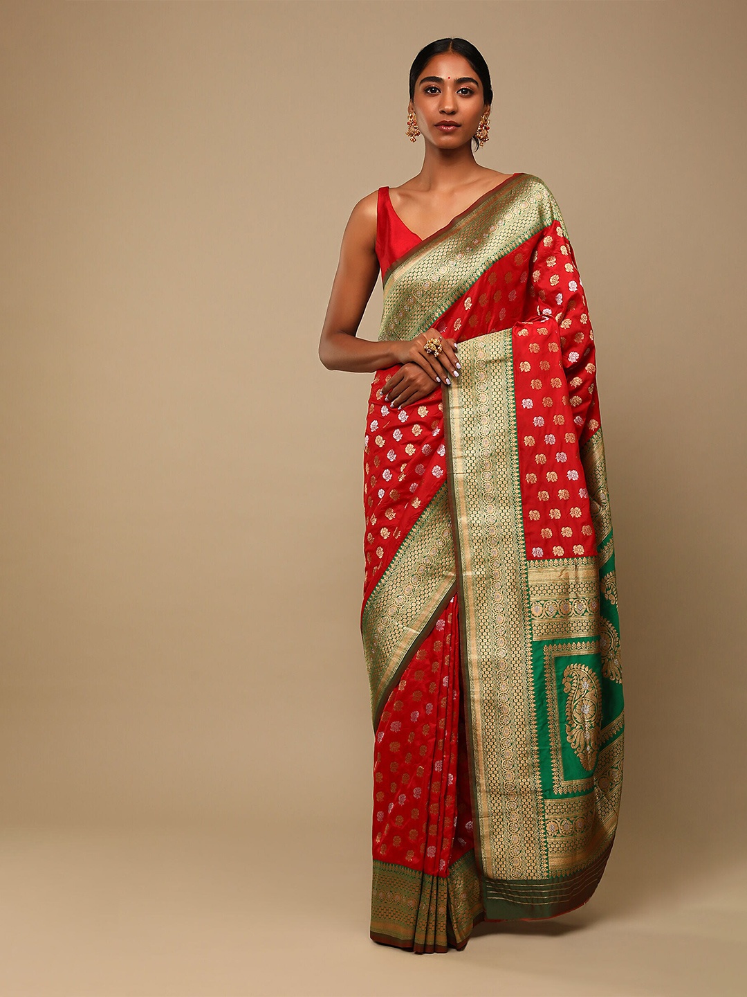 

Mitera Red & Green Woven Design Zari Art Silk Banarasi Saree