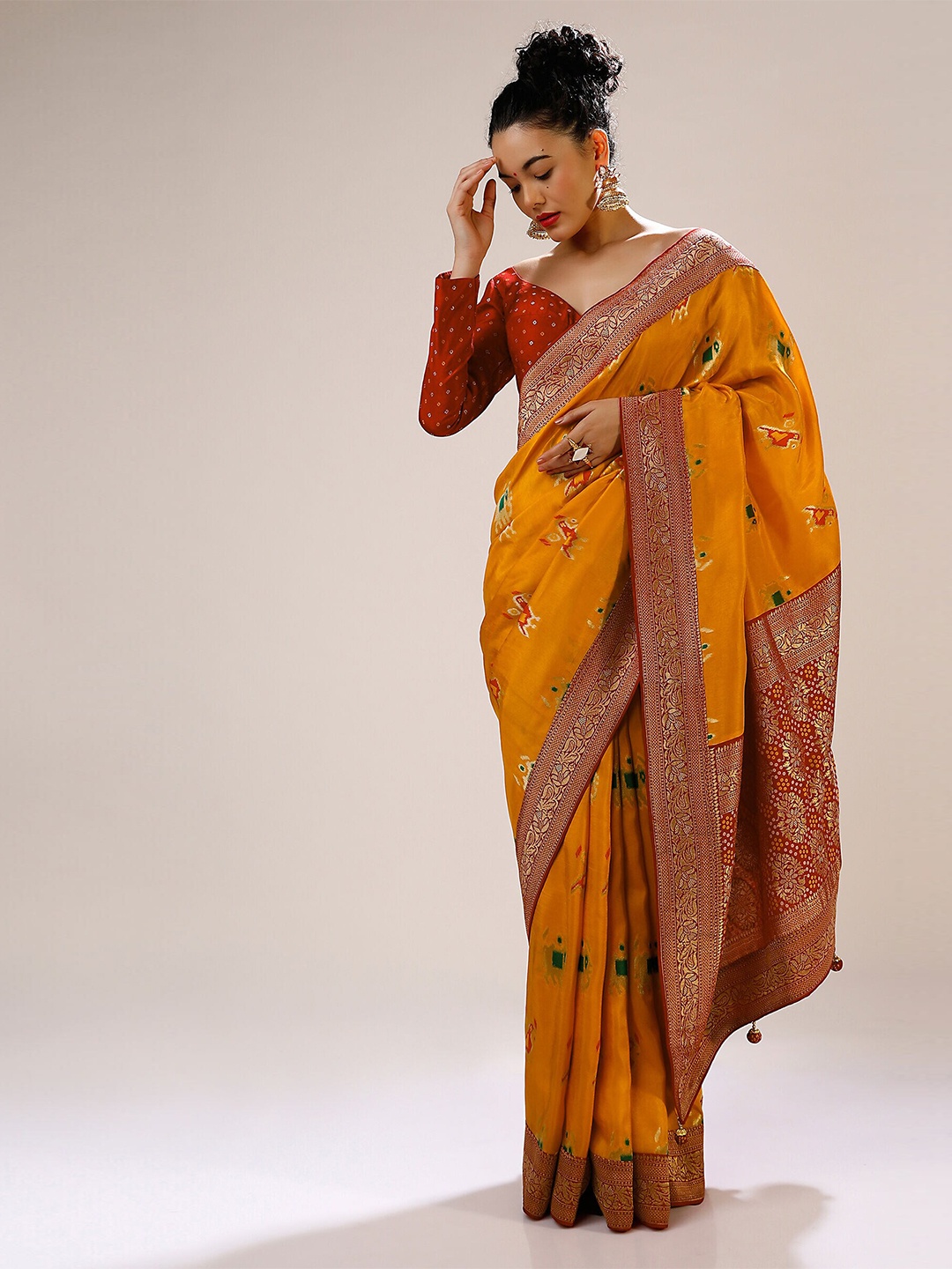 

Mitera Mustard & Brown Woven Design Zari Art Silk Banarasi Saree