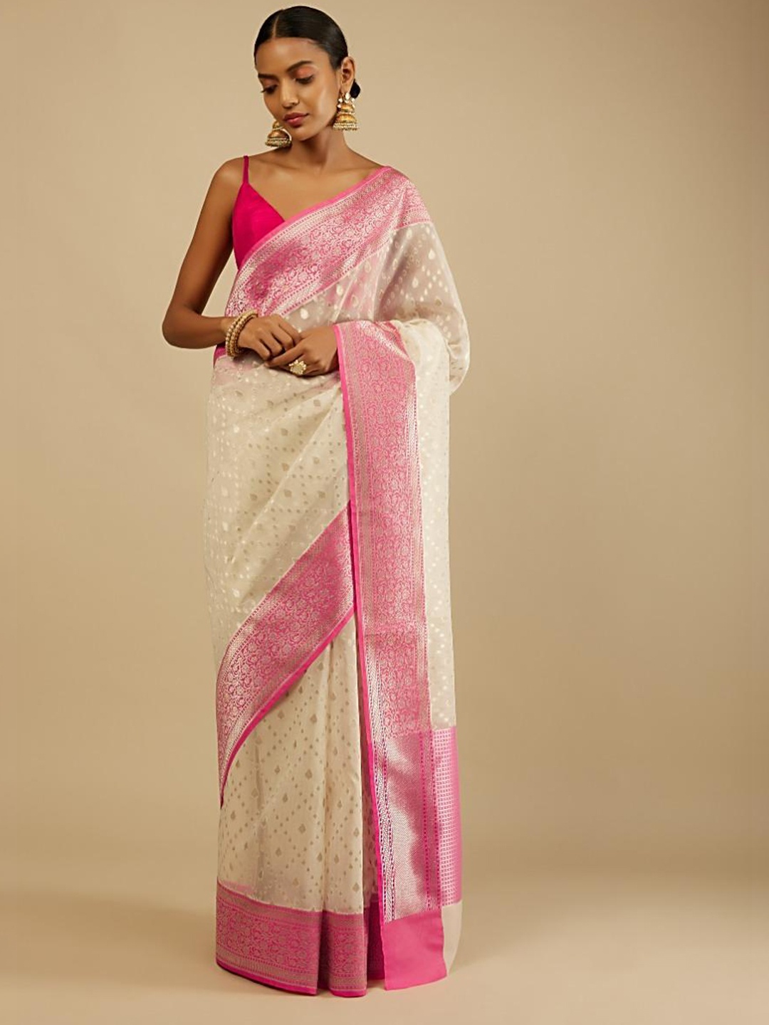 

Mitera Off White & Pink Woven Design Zari Art Silk Banarasi Saree