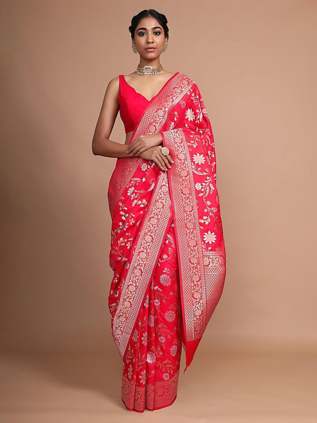 

Mitera Red & Silver-Toned Woven Design Zari Art Silk Banarasi Saree