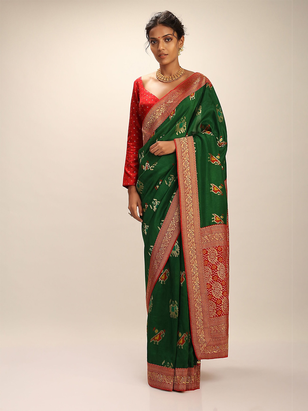 

Mitera Green & Red Woven Design Zari Art Silk Banarasi Saree