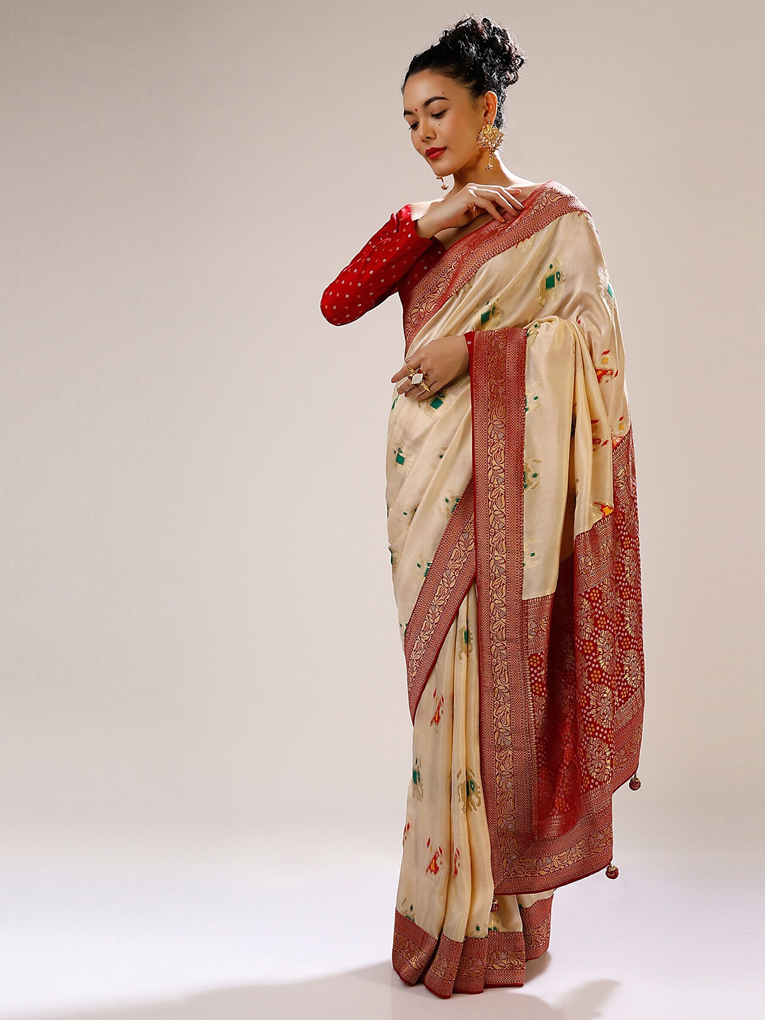 Mitera Off White & Red Woven Design Zari Art Silk Banarasi Saree