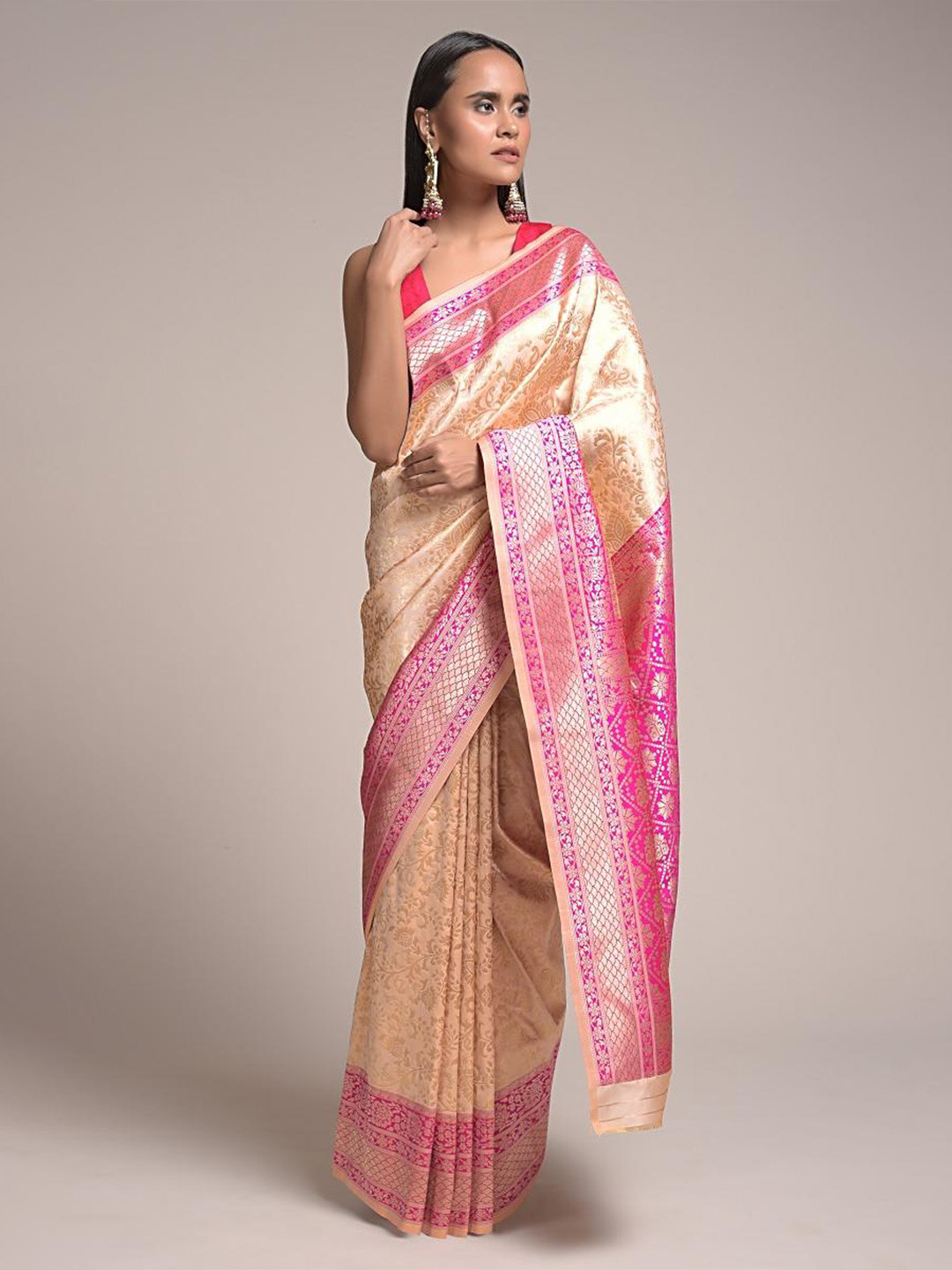 

Mitera Beige & Pink Woven Design Zari Art Silk Banarasi Saree