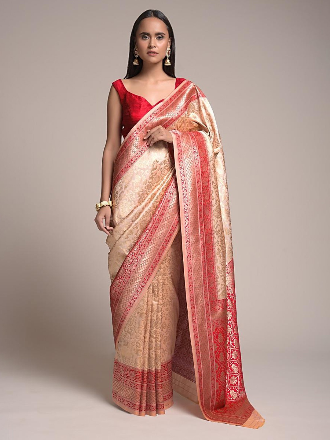 

Mitera Beige & Pink Woven Design Zari Art Silk Banarasi Saree