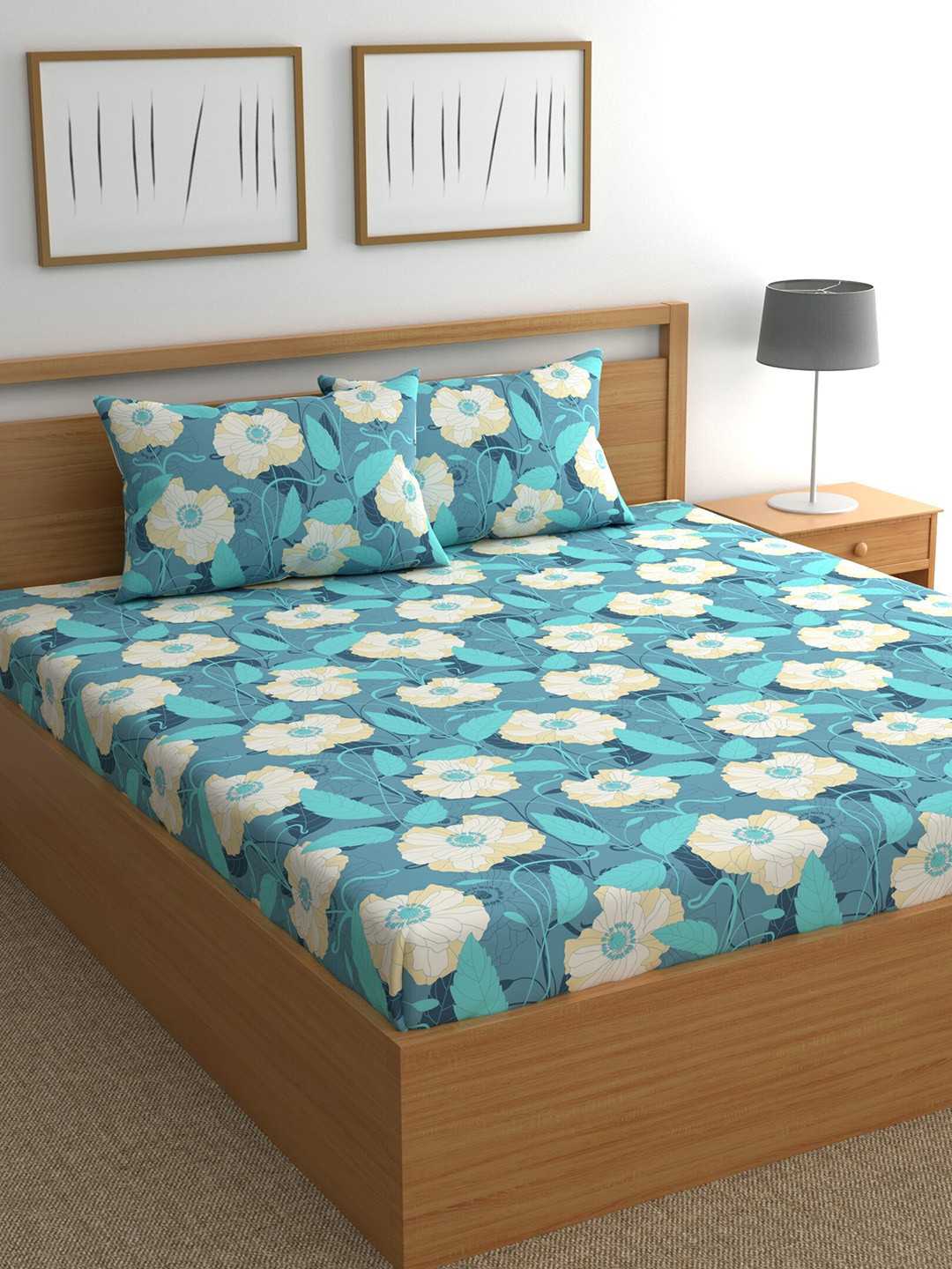 

CHHAVI INDIA Teal & White Floral 210 TC Queen Bedsheet with 2 Pillow Covers