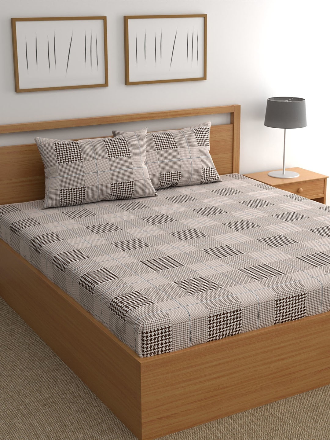 

CHHAVI INDIA Brown & White Geometric 210 TC Queen Bedsheet with 2 Pillow Covers