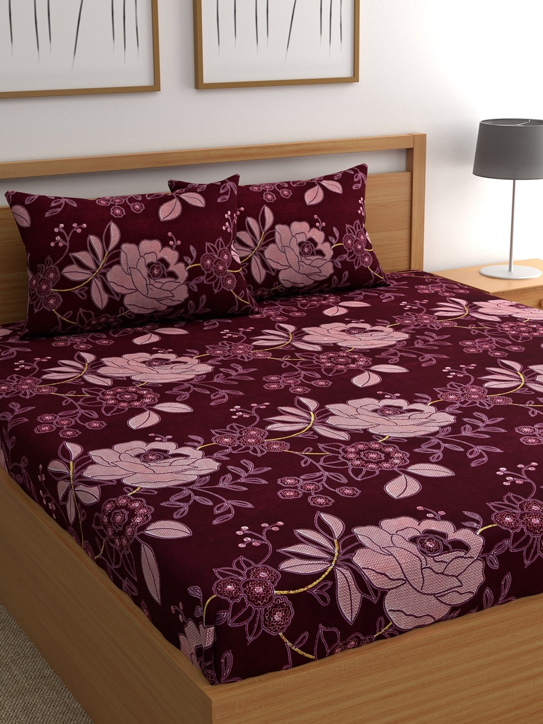 

CHHAVI INDIA Maroon & Pink Floral 210 TC Queen Bedsheet with 2 Pillow Covers