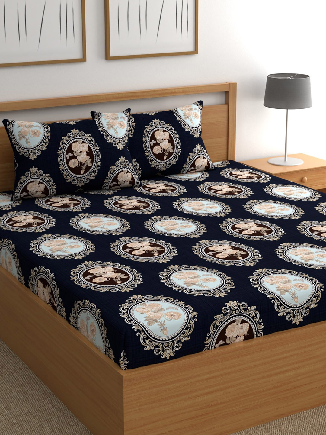 

CHHAVI INDIA Navy Blue & Brown Ethnic Motifs 210 TC Queen Bedsheet with 2 Pillow Covers