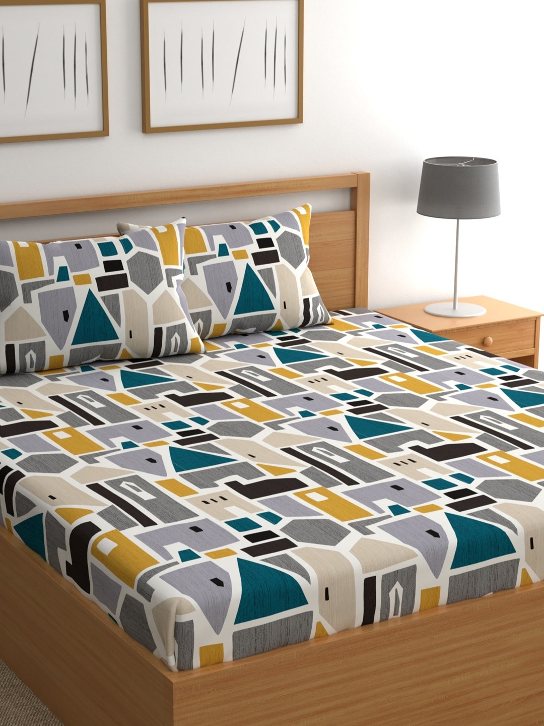 

CHHAVI INDIA Grey & Blue 210 TC Queen Bedsheet with 2 Pillow Covers