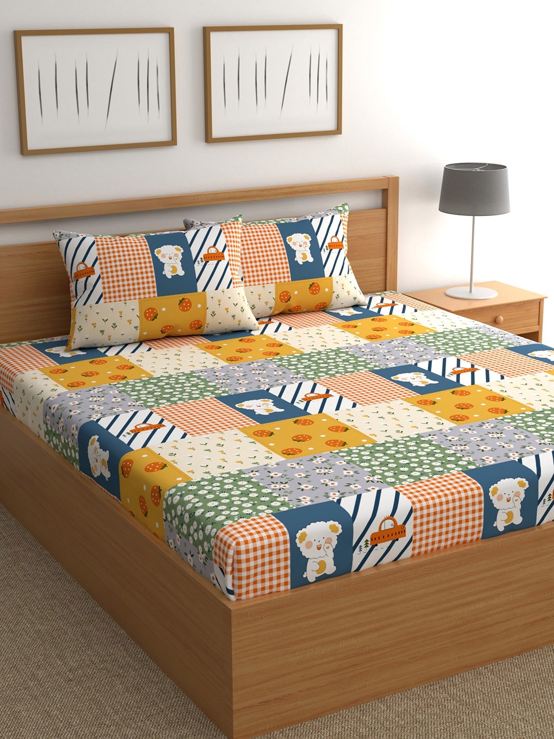

CHHAVI INDIA Yellow & Blue 210 TC Conversational Print Queen Bedsheet with 2 Pillow Covers