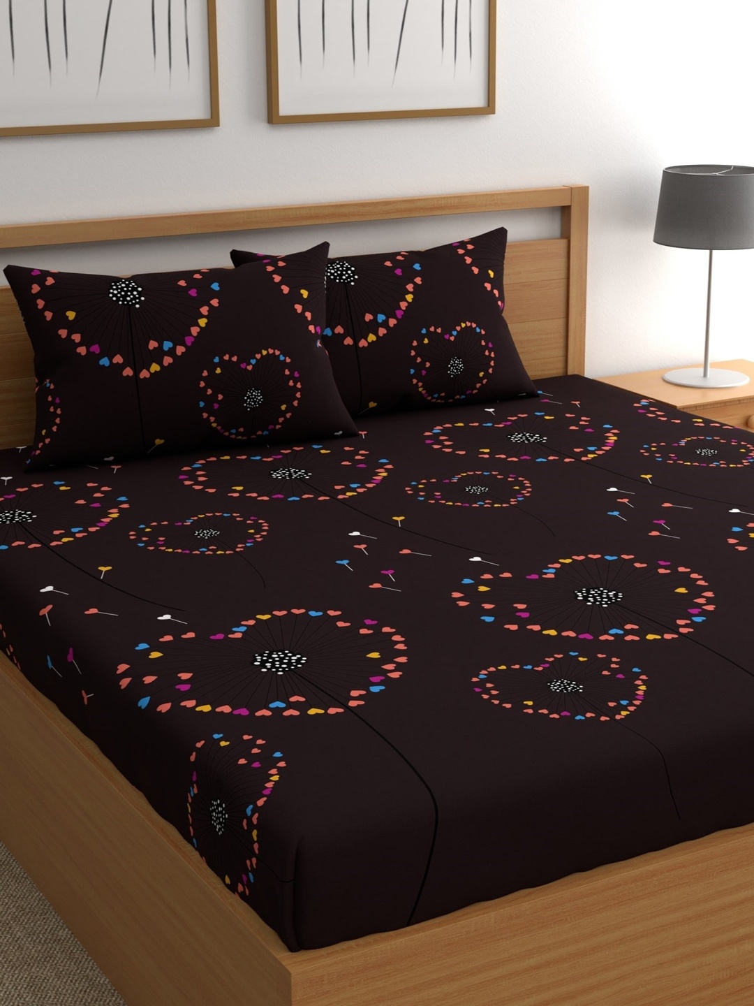 

CHHAVI INDIA Brown & Pink 210 TC Conversational Queen Bedsheet with 2 Pillow Covers