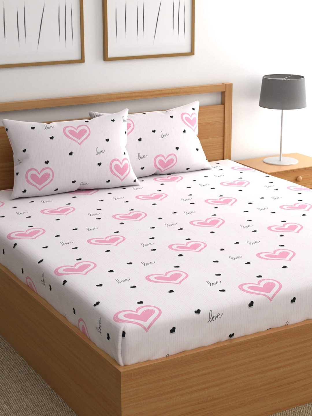 

CHHAVI INDIA White & Pink 210 TC Conversational Print Queen Bedsheet with 2 Pillow Covers