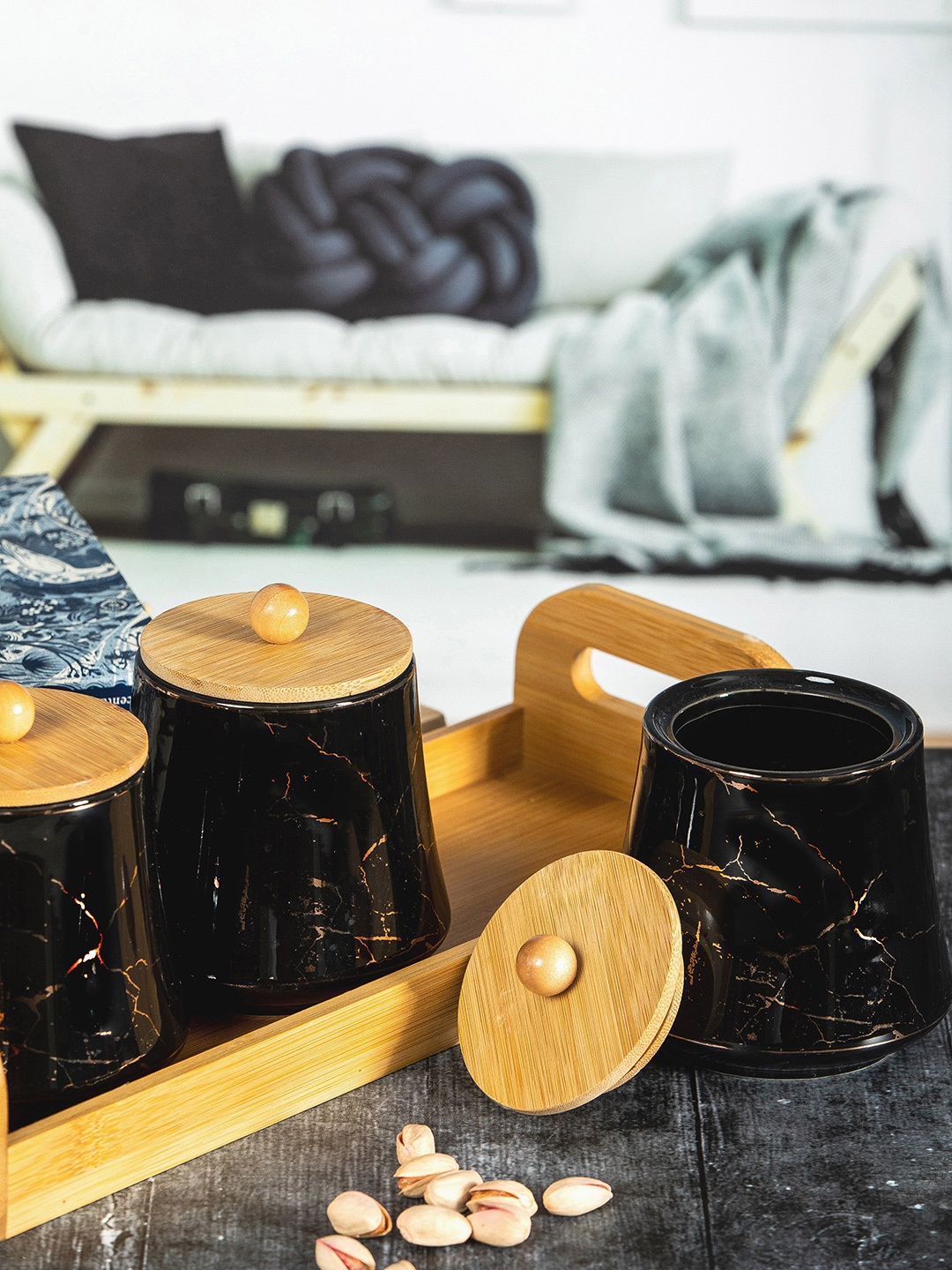 

White Gold Black & Brown Set Of 4 Printed Jar Set With Bamboo Tray & Lid