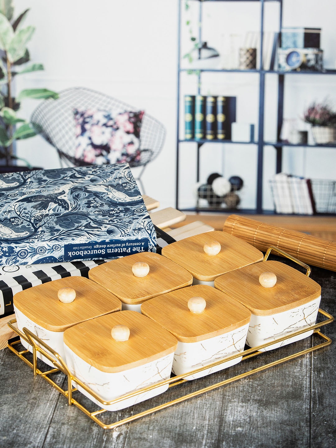 

White Gold White & Gold-Toned Set Of 7 Ceramic Serving Jar With Bamboo Lid & Metal Tray