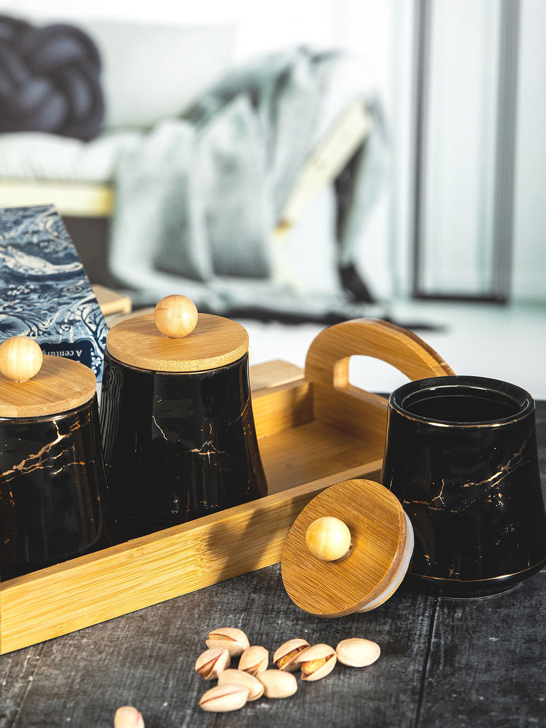 

White Black Set Of 4 Ceramic Jar Set with Bamboo Tray & Lid