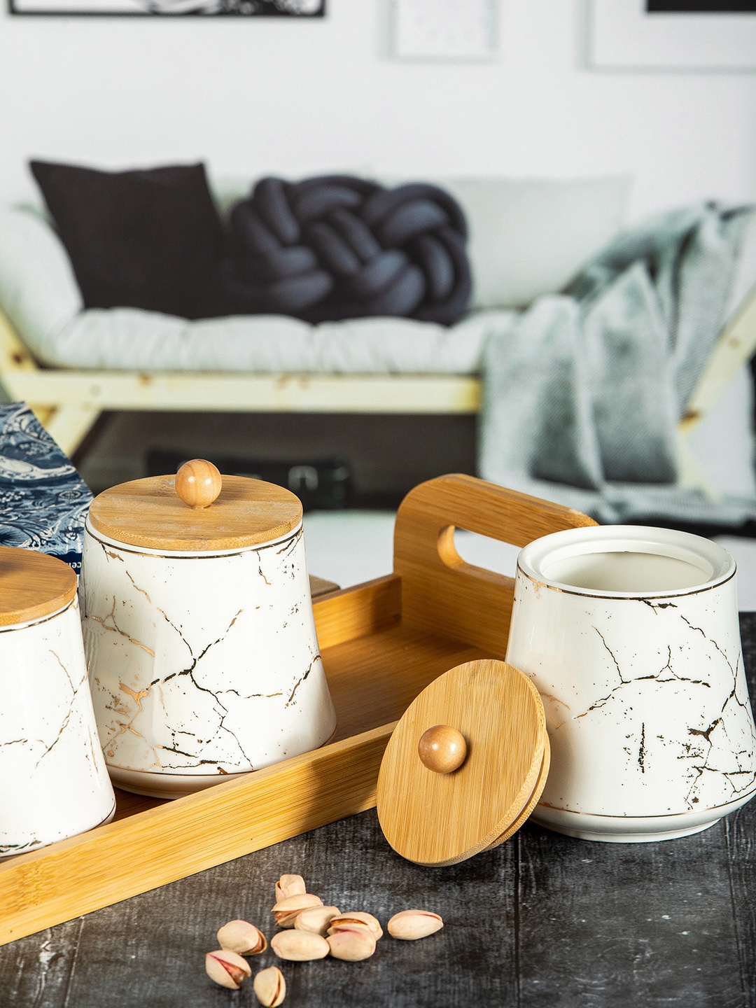 

White Gold White 4 Pieces Printed Ceramic Jar With Bamboo Tray & Lid