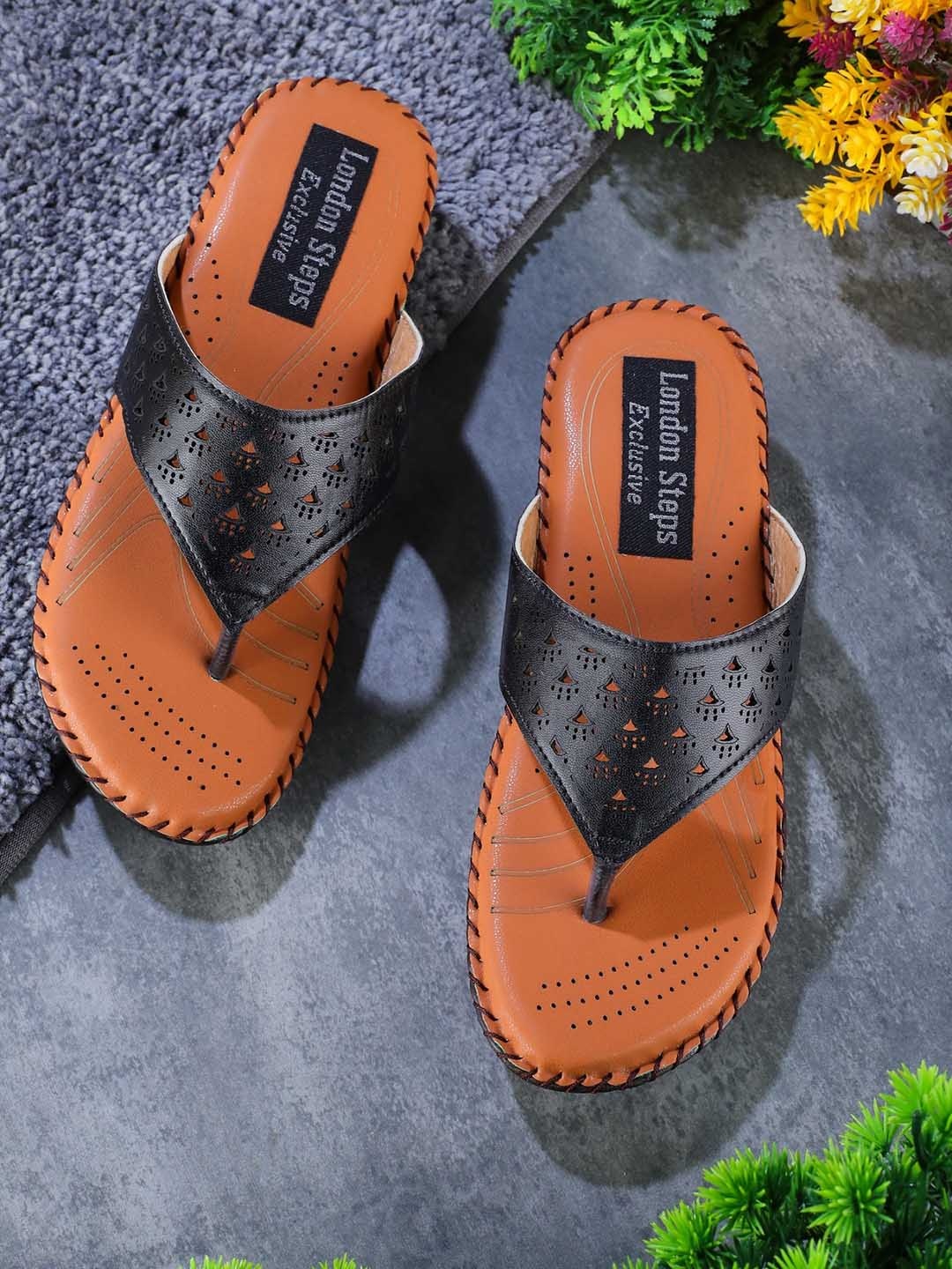 

LONDON STEPS Black & Tan Wedge Sandals with Laser Cuts