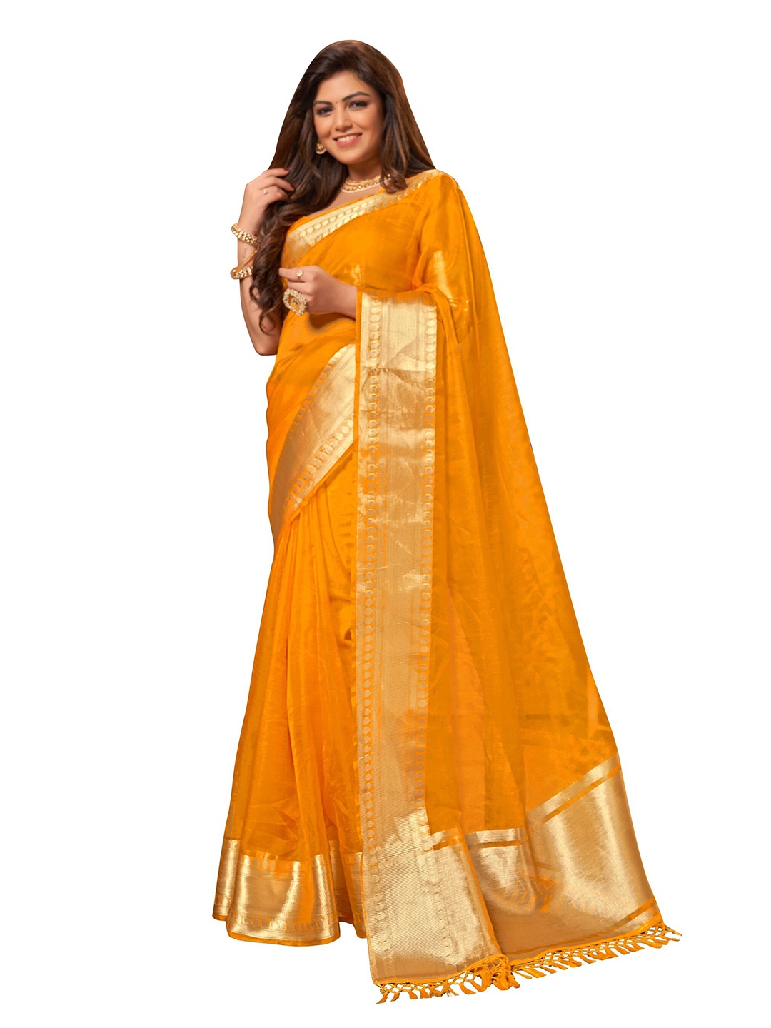 

MANOHARI Yellow & Gold-Toned Zari Saree