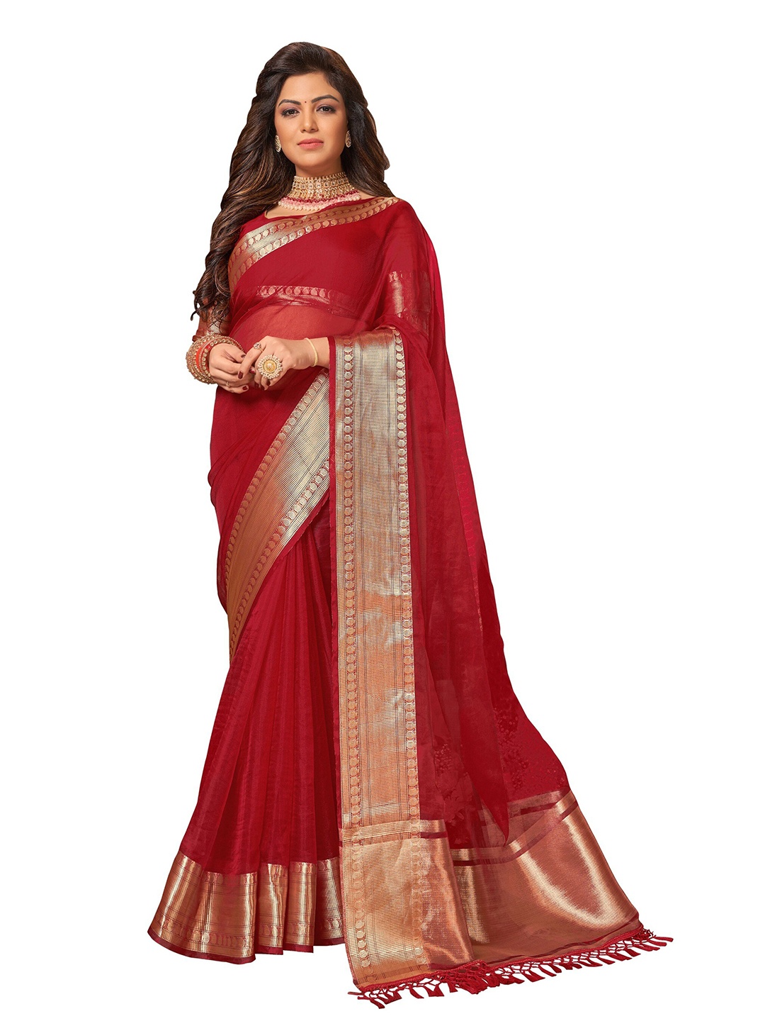 

MANOHARI Red & Gold-Toned Zari Saree