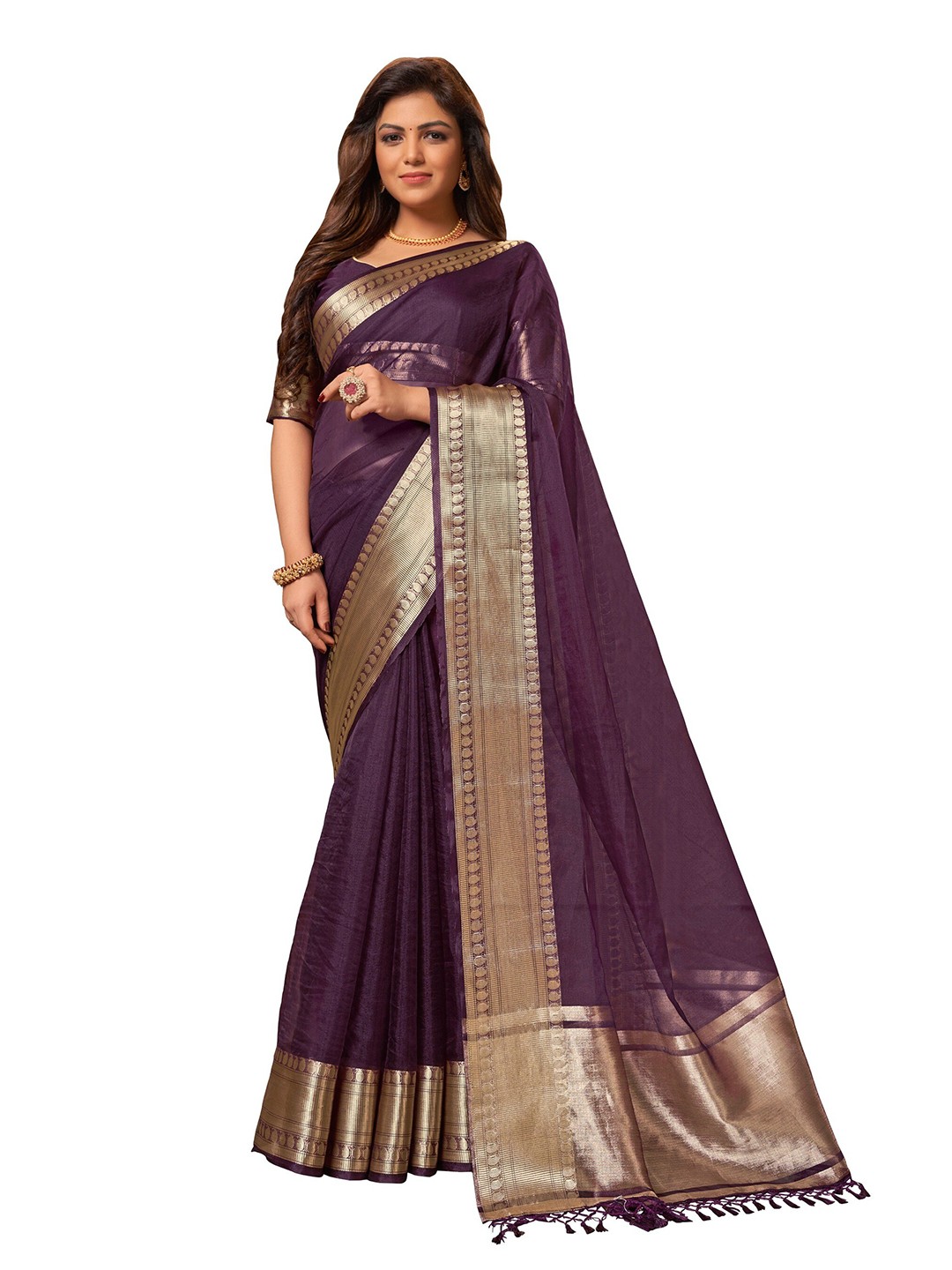 

MANOHARI Purple & Gold-Toned Zari Saree