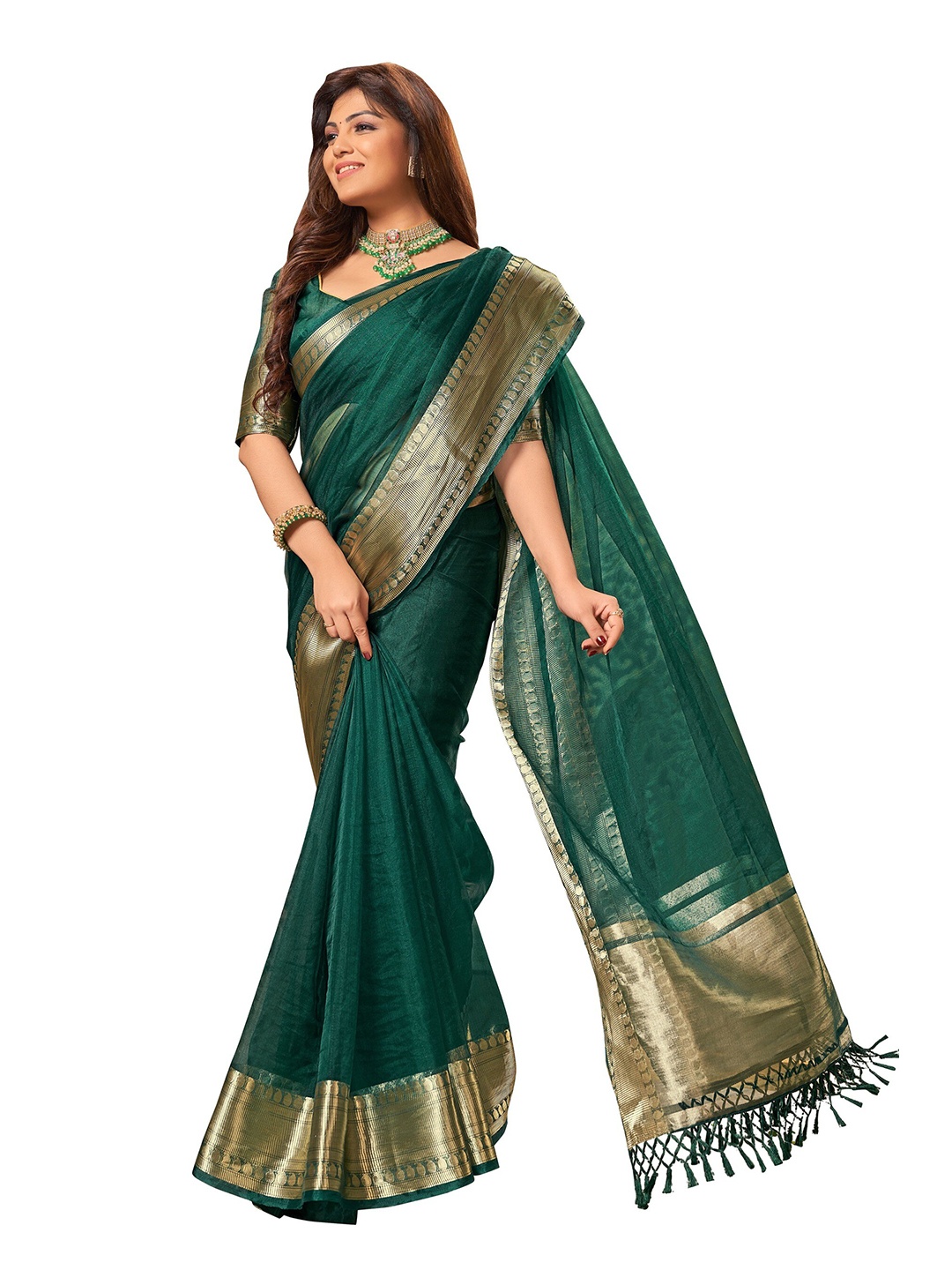 

MANOHARI Green & Gold-Toned Zari Saree