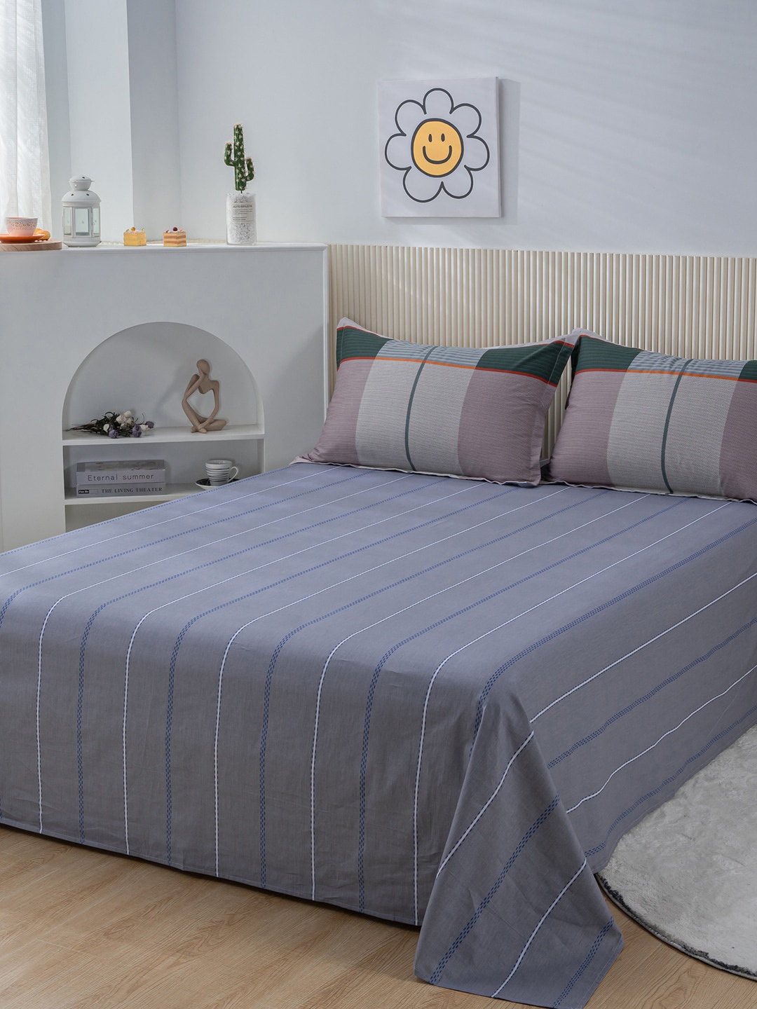 

JC Collection Grey & White Striped 200 TC King Bedsheet with 2 Pillow Covers