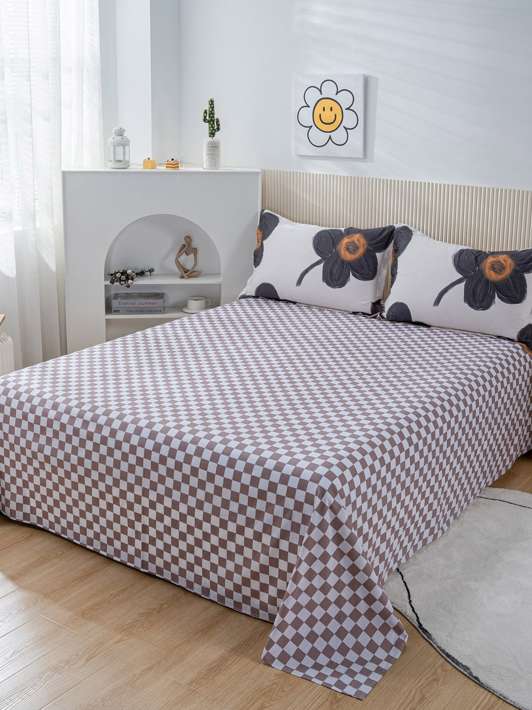 

JC Collection White & Beige Cotton Printed 200 TC King Bedsheet with 2 Pillow Covers