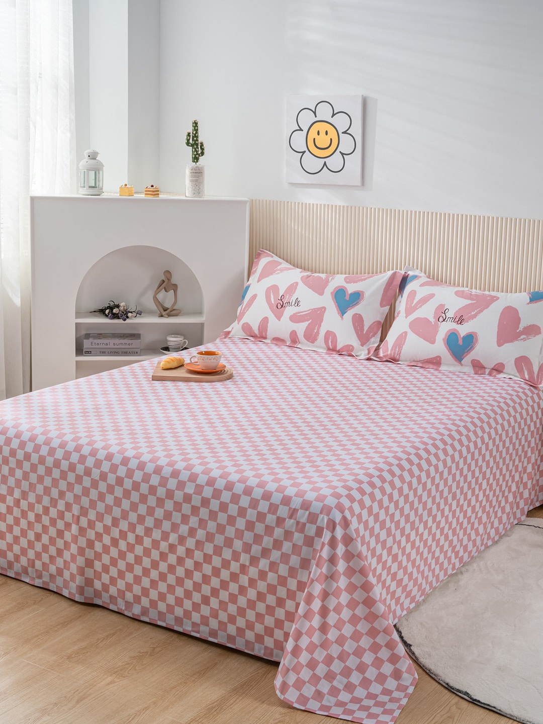 

JC HOME Pink & White Geometric 200 TC Single Bedsheet with 1 Pillow Covers