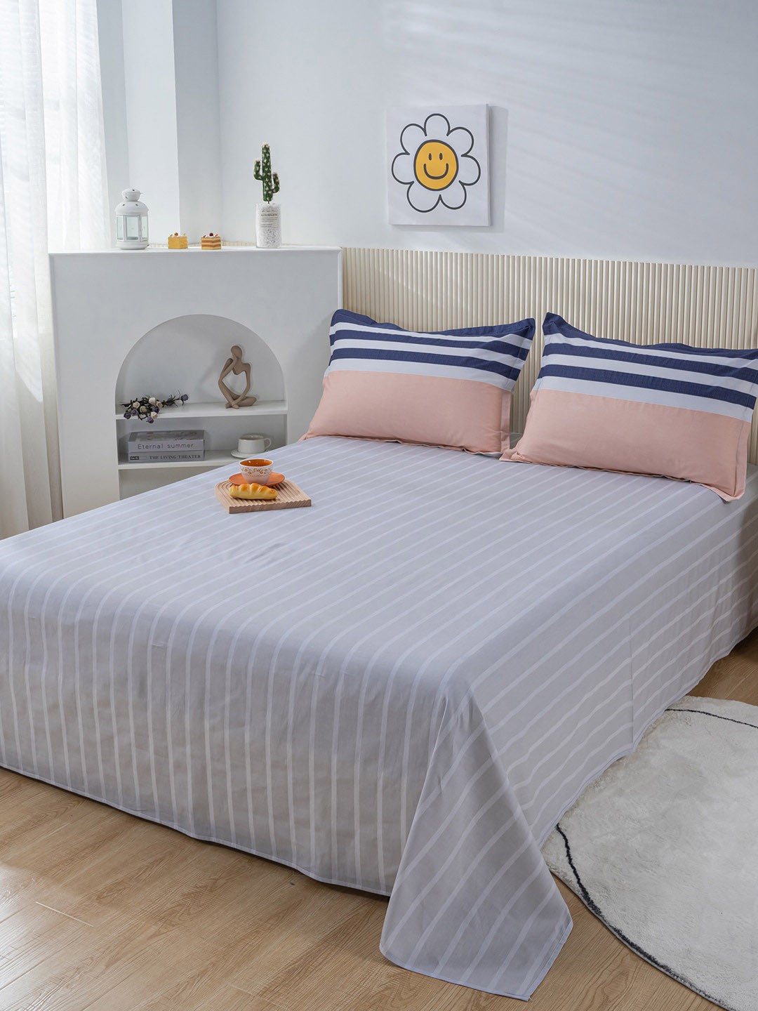 

JC Collection Blue & White Striped Cotton 200 TC Queen Bedsheet with 2 Pillow Covers