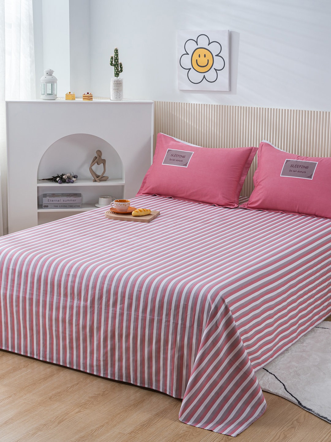 

JC HOME Pink & White Striped 200 TC Queen Bedsheet with 2 Pillow Covers