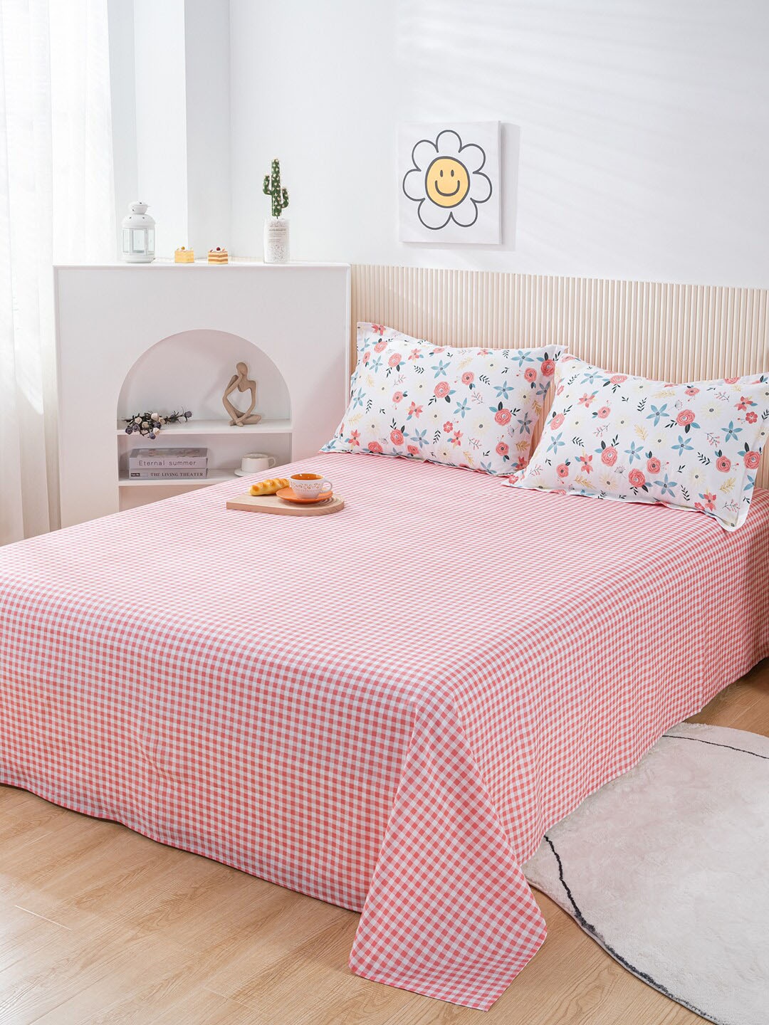 

JC HOME Pink & White Checked Cotton 200 TC King Bedsheet with 2 Pillow Covers