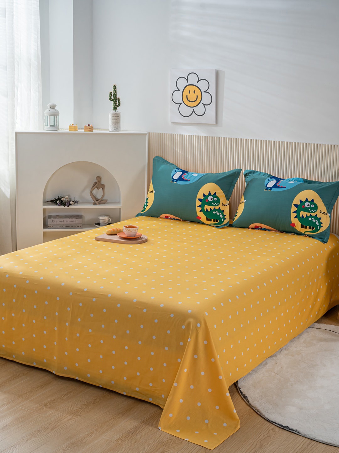 JC HOME Mustard & Green Geometric 200 TC Queen Bedsheet with 2 Pillow Covers